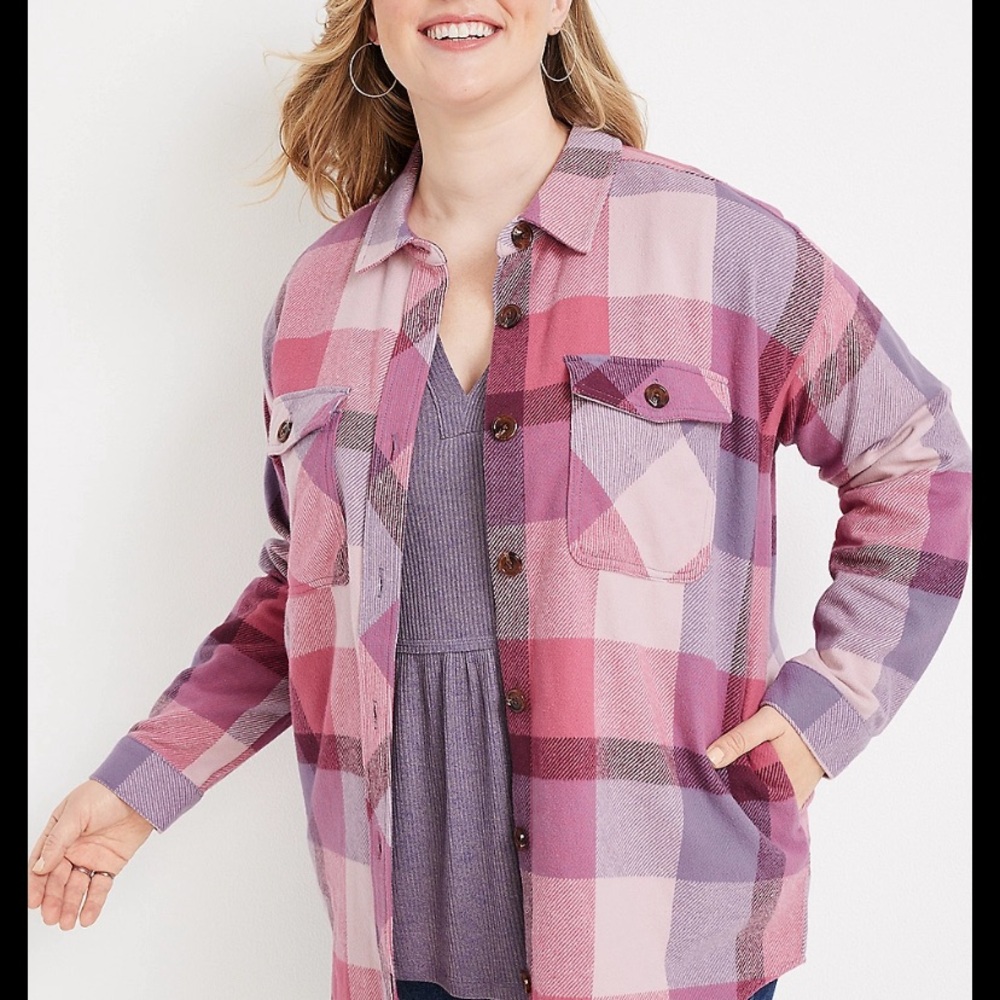 Maurices Pink and Purple Plaid Shirt Jacket